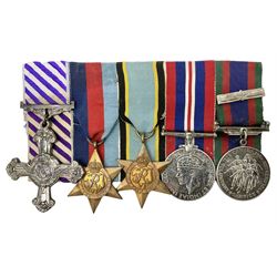 WW2 Royal Canadian Air Force group of five medals comprising Distinguished Flying Cross inscribed verso 1945 F/L Stephen M. Byrne 433 Squadron 1939/1945, 1939-1945 Star, Air Crew Europe Star, 1939-1945 War Medal and Canadian Volunteer Service Medal with maple leaf clasp; together with copies of research material including London Gazette Supplement