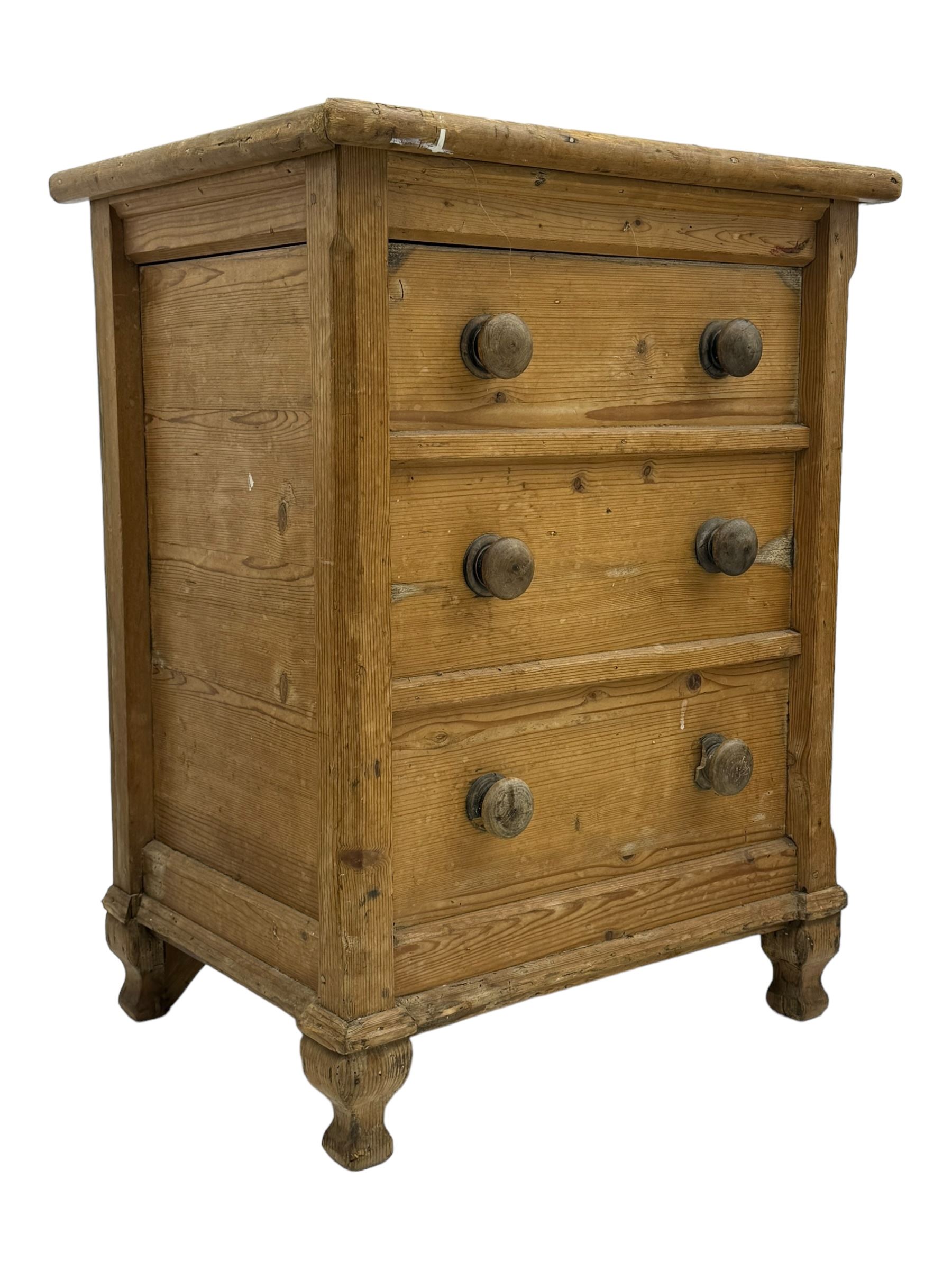 19th century stripped pine pedestal chest, hinged rectangular top with three planks and rounded edges, over three simulated drawer fronts with turned knobs, on turned baluster feet