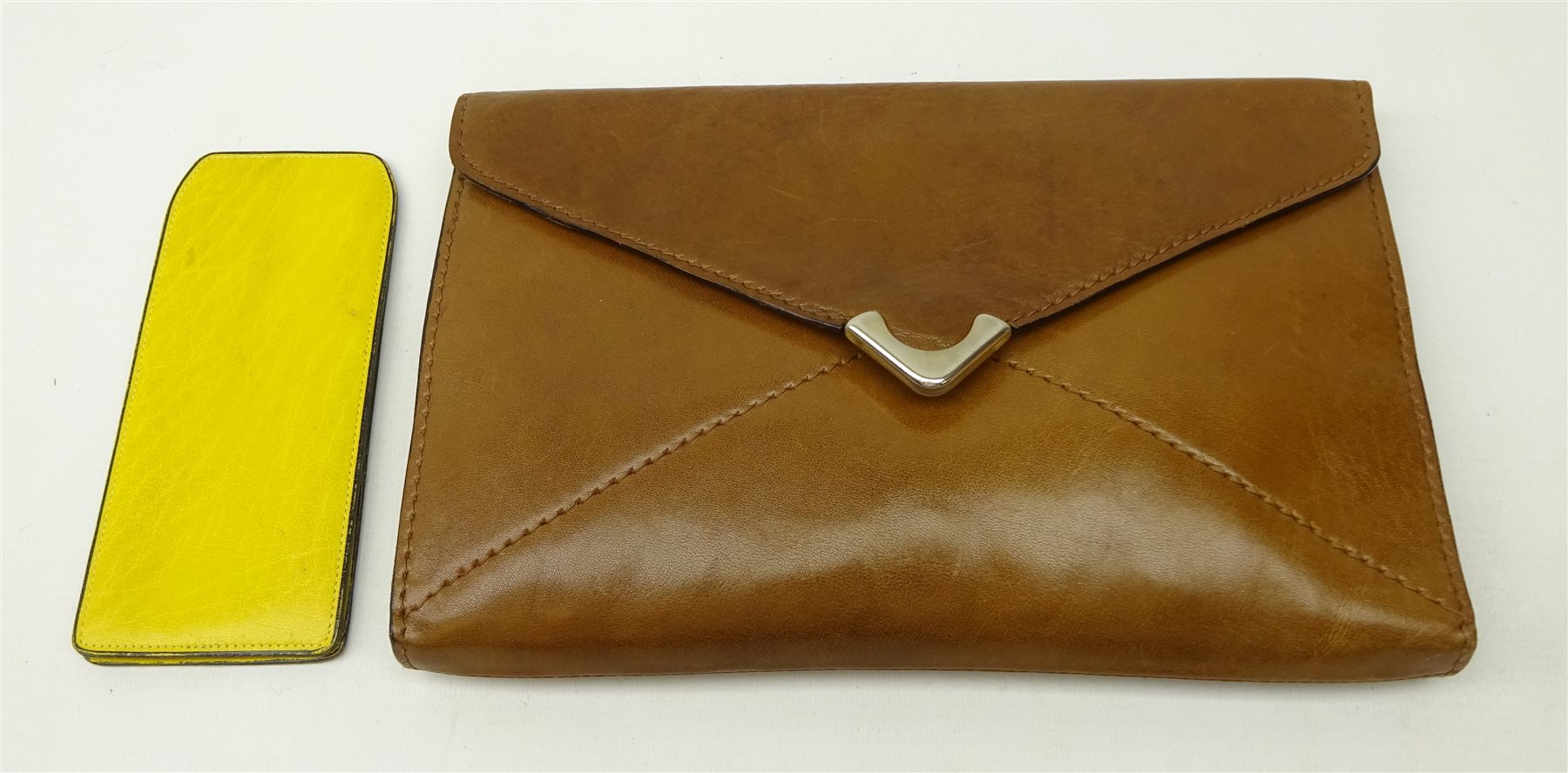 Jaeger tan leather envelope clutch bag with a Jaeger leather