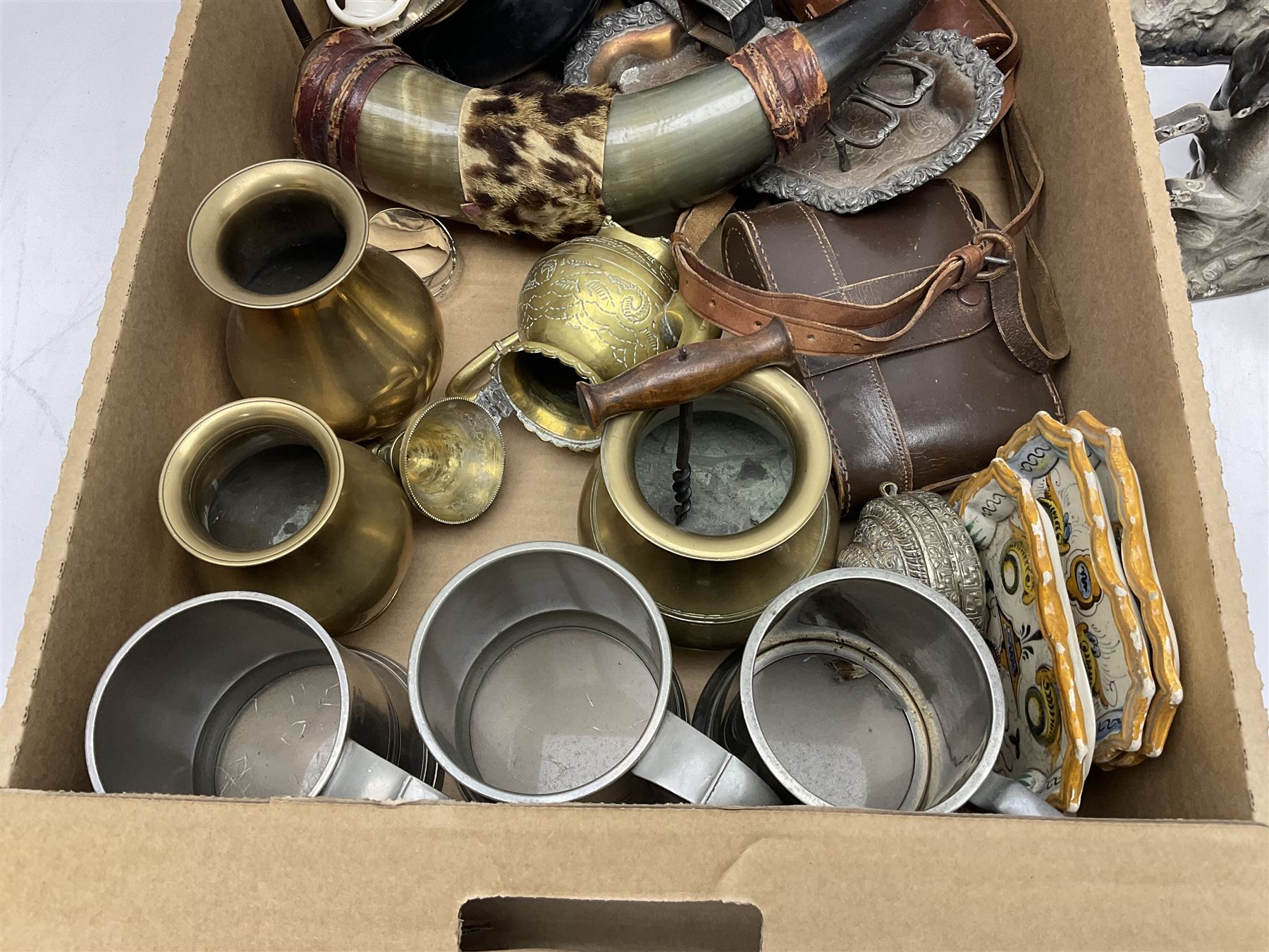 Three Italian faience dishes, together with pewter tankards and other collections 