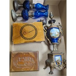 Two wooden dressing table mirrors, large wooden box, smaller wooden boxes and a carved pipe, together with pair of blue glass oil lamps and one other lamp