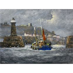 Jack Rigg (British 1927-2023): 'First Landing' - Entering Whitby Harbour, oil on board signed and dated 2014, titled verso 46cm x 60cm