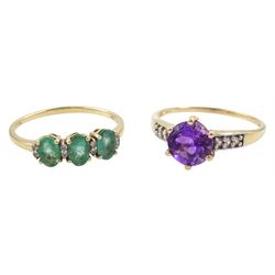 Gold single stone amethyst ring, with white zircon shoulders and a gold emerald and white zircon ring, both 9ct 