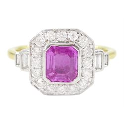 18ct white and yellow gold pink sapphire and diamond cluster ring, emerald cut sapphire, with milgrain set round brilliant cut diamond surround and baguette diamond shoulders, hallmarked, sapphire 1.30 carat, total diamond weight approx 0.50 carat