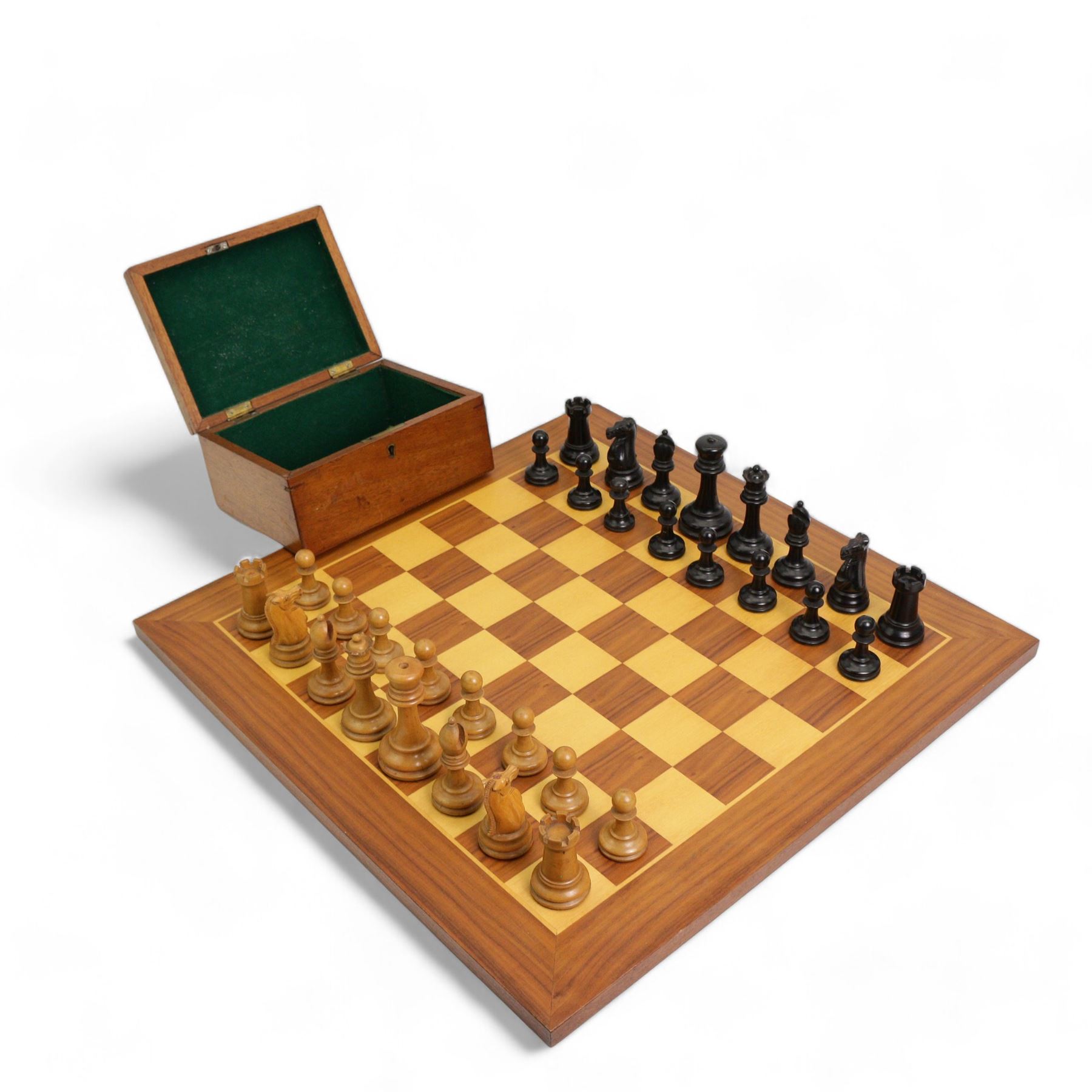 19th century Jaques & Son Staunton pattern boxwood and ebony chess set, kings stamped 'Jaques London', knights and rooks with impressed crown marks, knights possibly Lasker, height of king 9cm, contained in a green baize lined box, together with a later chess board 