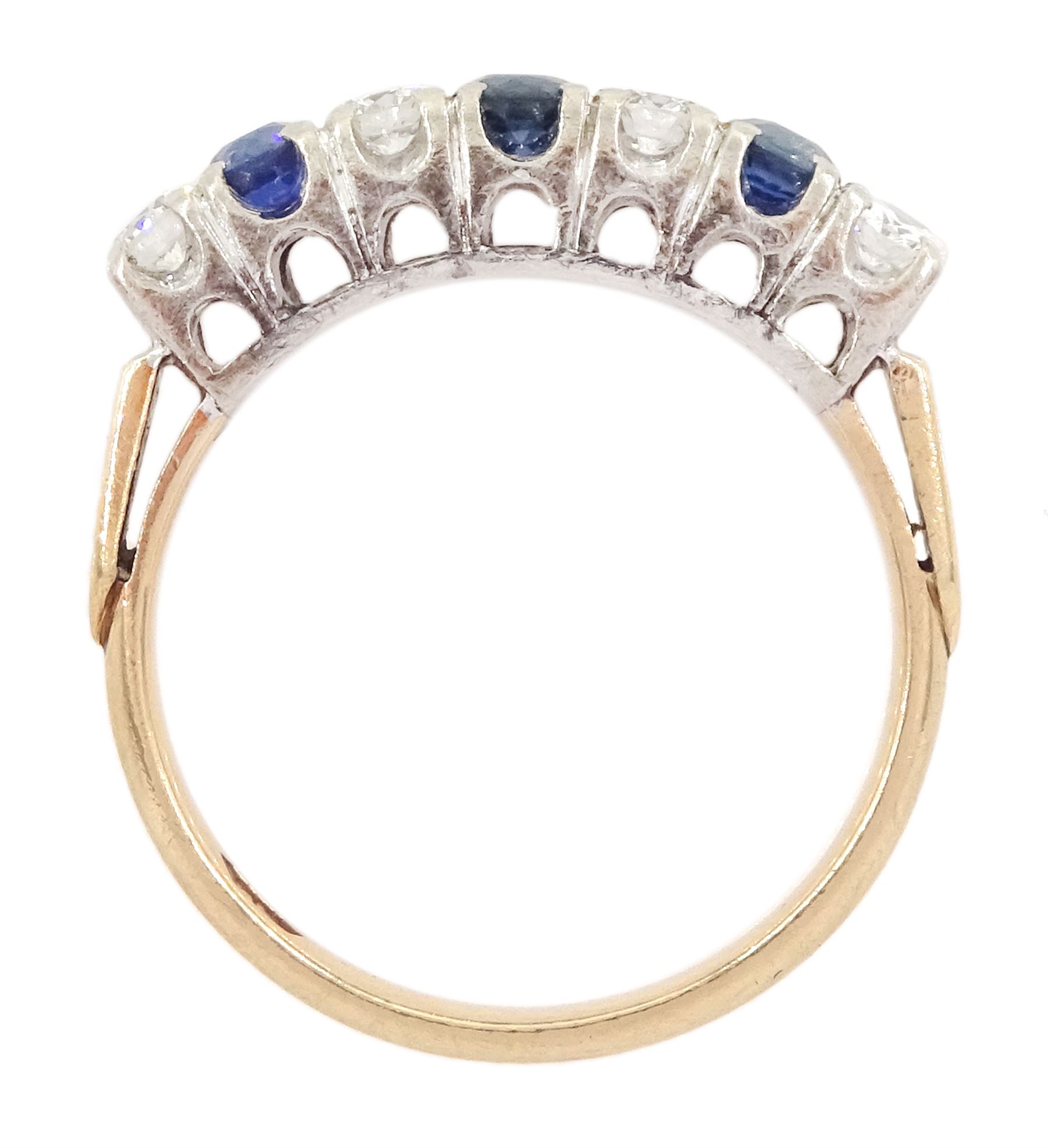 Gold and silver seven stone round brilliant cut diamond and sapphire ring, total diamond weight approx 0.40 carat