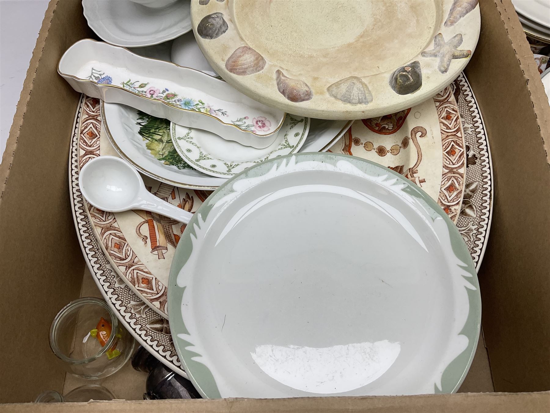 Four large meat platters, Royal Worcester Bunnykins mug and a large collection of other ceramics, including vases, dinner plates, teawares, etc, in five boxes 