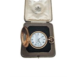 Gold plated half hunter pocket watch, the white enamel dial inscribed The Sheffield Goldsmiths Co. Ltd, with subsidiary seconds dial, the case marked Dennison Watch Case Co Ltd, boxed 