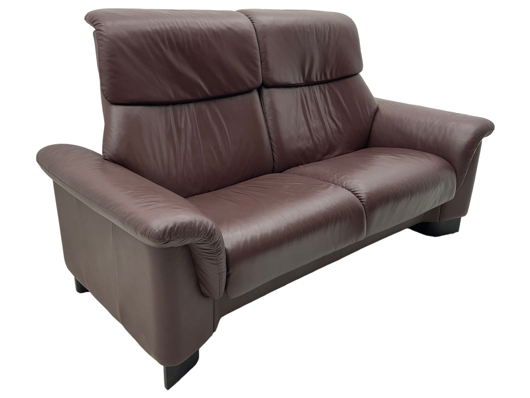 Ekornes Stressless - three-seat sofa upholstered in chocolate brown leather, with high backrests, cushioned headrests, and manual reclining mechanism (L248cm, D84cm, H102cm); with matching two-seat sofa (L184cm, D84cm, H102cm)