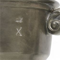 18th century pewter tankard, circa 1770, with scroll handle and acanthus leaf thumbpiece, touch marks and crowned X, H13cm, together with a Victorian 1/2 pint pewter measure, touch marks, weights and measures inspector verification mark (2)