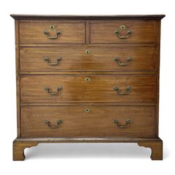 George III mahogany chest, moulded rectangular top over two short and three long cock-beaded drawers, fitted with brass swan neck handles and circular plates, on bracket feet