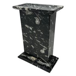 Marble hall table with orthoceras and goniatite inclusions, the rectangular top upon two rectangular stepped plinths, H78cm, L135cm, D77cm