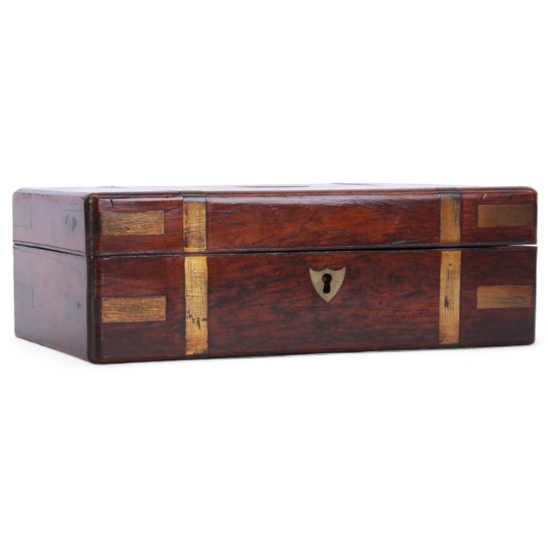 19th century brass bound rosewood box, of rectangular form with brass shield escutcheon, the hinged cover with inset monogramed brass cartouche, H8cm W24cm D13.5cm