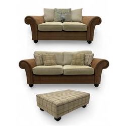 Three-seat sofa, upholstered in pale textured fabric with contrasting brown fabric (W210cm...