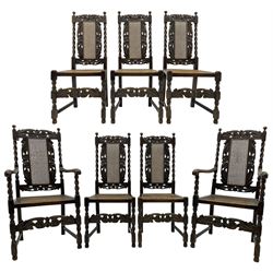 Set of seven (5+2) 19th century Carolean design oak dining chairs, scroll leaf and flower head carved cresting rail over spiral turned uprights and cane work back, the cane work seat on spiral turned supports united by plain stretchers, scrolled leaf carved middle rail 