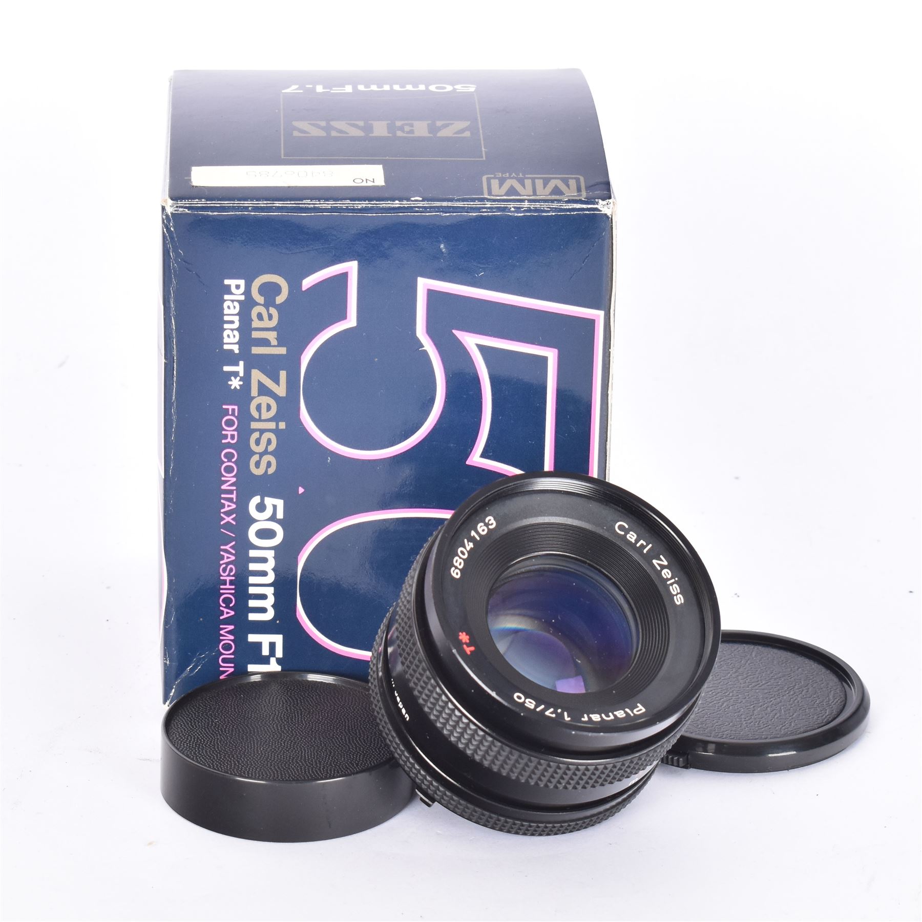 Carl Zeiss Planar 1.7/50 50mm T* lens, serial no. 6804163, for Contax/Yashica mount, boxed with warranty, instructions and two lens caps