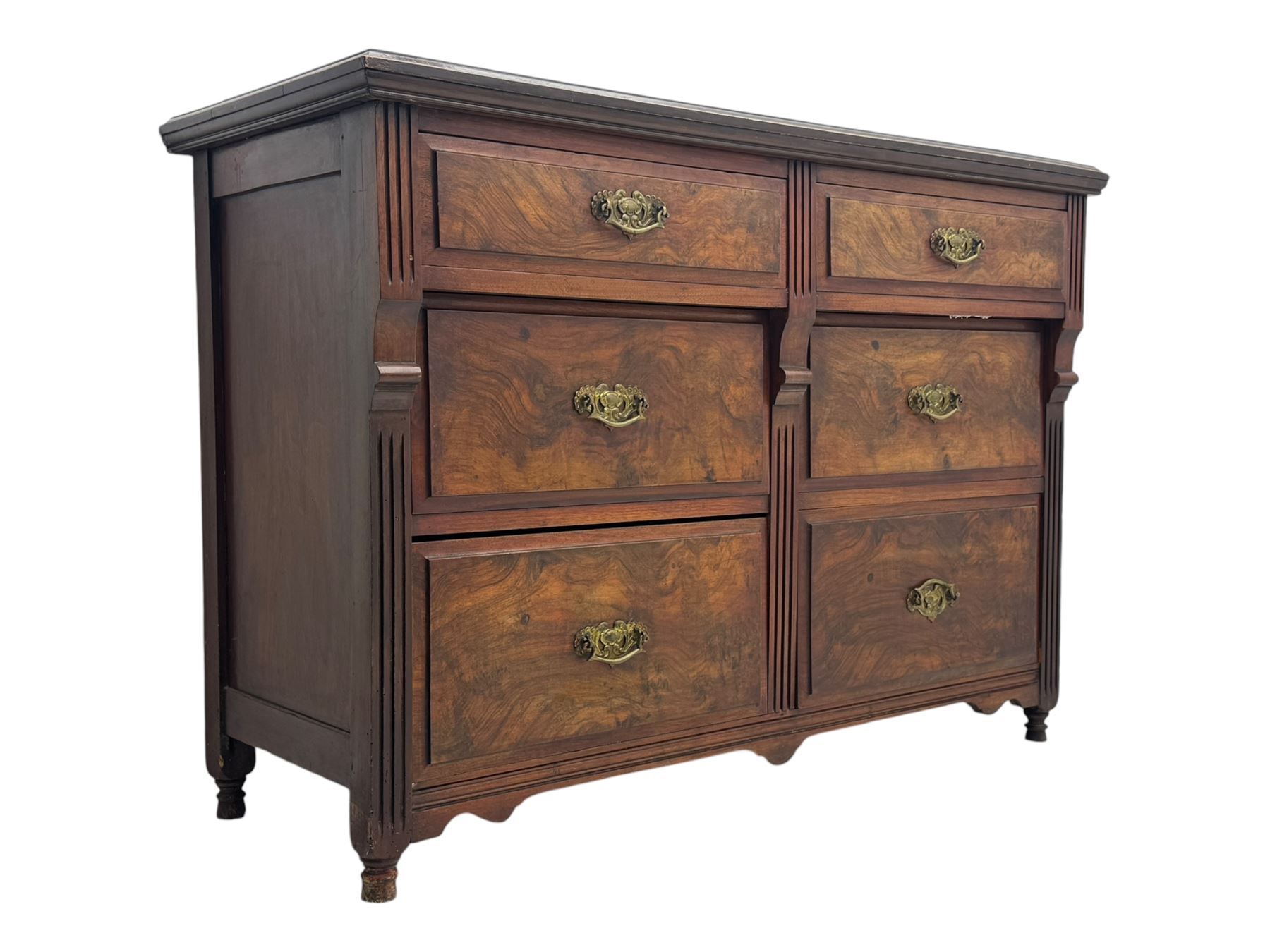 Late Victorian walnut chest, moulded rectangular top over six drawers, fluted uprights 