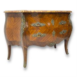 Late 20th century Louis XV design Kingwood and rosewood bombe commode chest, shaped ovolo-moulded variegated marble top, fitted with two drawers, scrolling foliate cast gilt metal handles and mounts