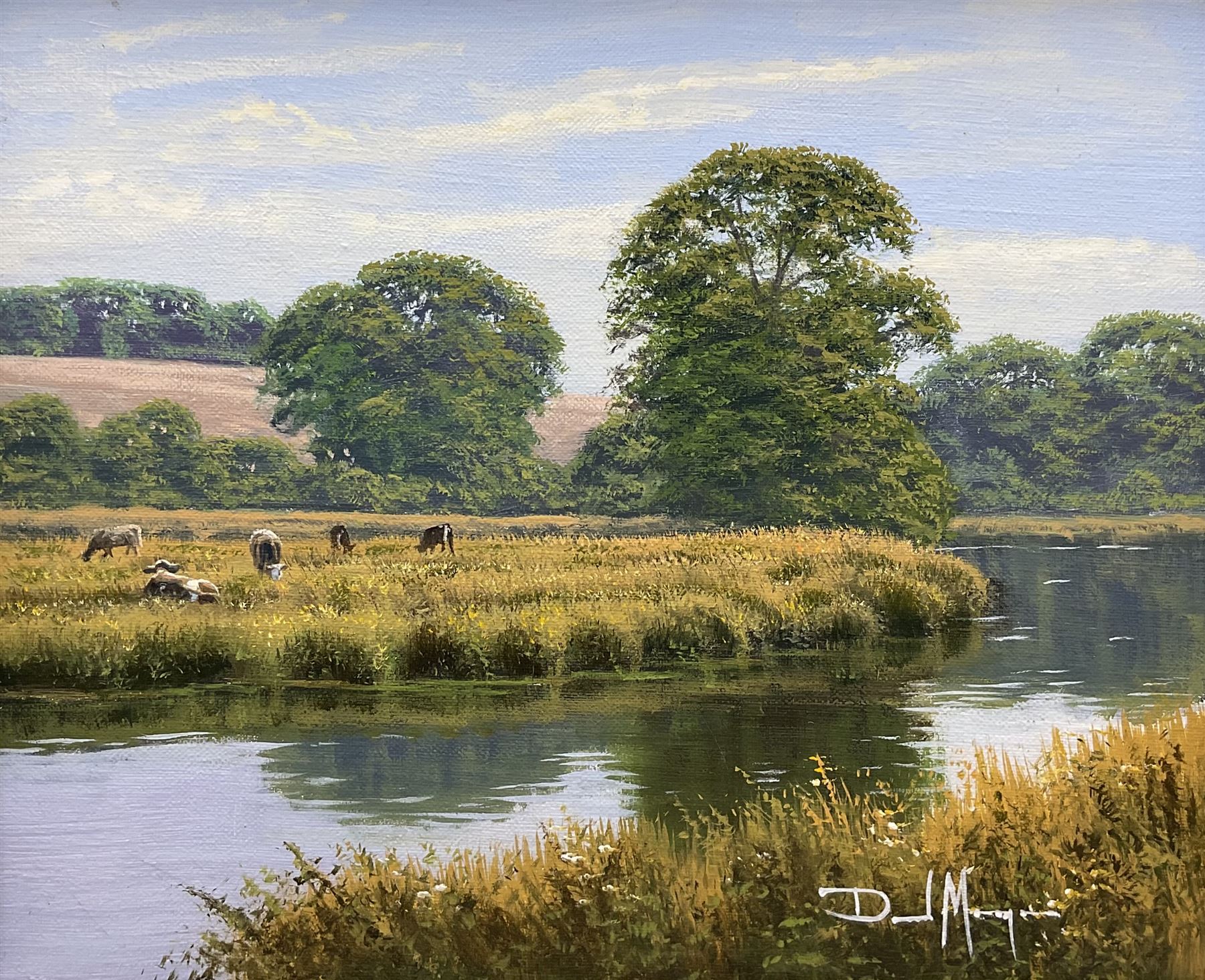 David Morgan (British 1964-): Cattle Grazing on the Riverside, oil on canvas signed 24cm x 30cm