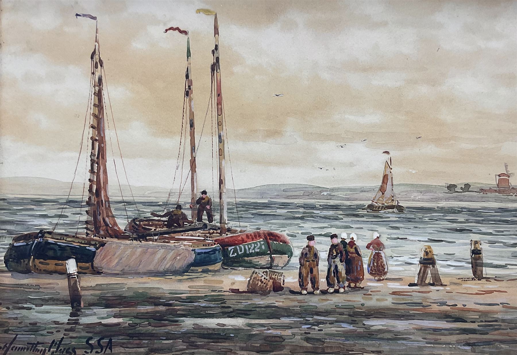 John Hamilton Glass (Scottish 1820-1885): Dutch Fishermen on the Shore, watercolour signed 24cm x 34cm; R Bayles (British 20th century): 'Morning Mists', watercolour signed titled and dated 1947, 14cm x 26cm (2)