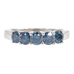 14ct white gold five stone round brilliant cut fancy blue diamond ring, stamped 14K, total diamond weight approx 1.00 carat 