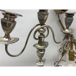 Two silver plate candelabras, together with two glass decanters, necklace and other collectables 