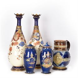 Doulton Lambeth Queen Victoria diamond jubilee jug, with two portrait panels on Victoria against a dark blue ground together with a pair of Carlton Ware, covered vases and two Royal Crown Derby vases