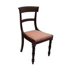 Set of six Victorian mahogany dining chairs, curved bar back over drop-in seat upholstered in striped fabric, on turned front supports