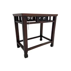 Pair of early 20th century Chinese hardwood side tables, each with rectangular woven cane top, pierced frieze with foliate motif, square supports joined by cross-stretchers