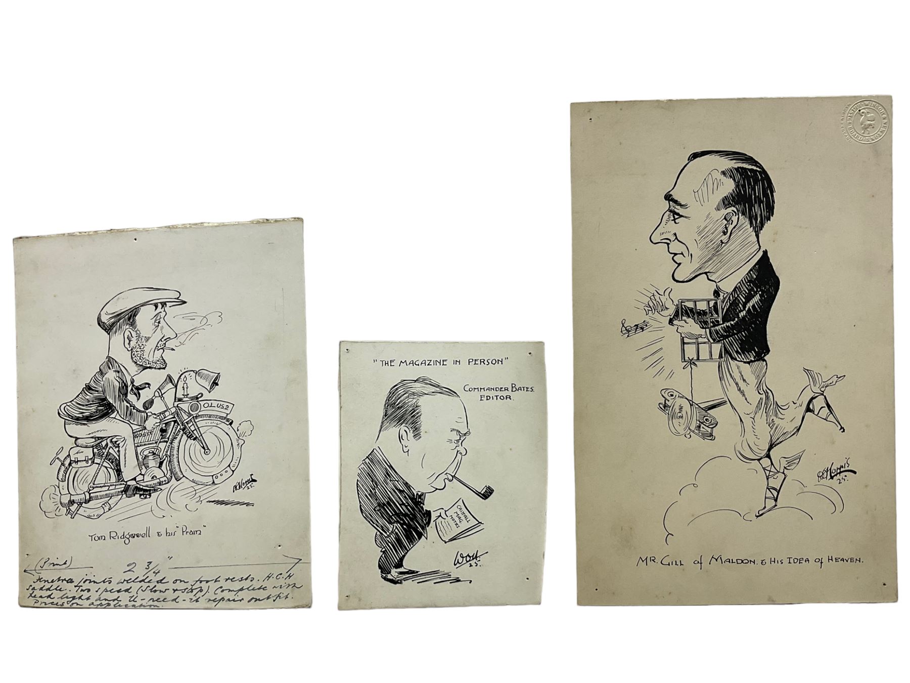 William O Norris (British 19th Century): Large folio of humorous pen and ink illustrations for Crittall Magazine and other original works to include various advertisement drafts for Eastern National and Marconis Wireless Telegraph Company, mostly dated '25, and a photograph of the artist at work, max 36cm x 46cm 