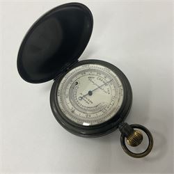 Early 20th century gunmetal pocket compensated barometer, by Aitchison London, the dial with outer central thermometer and outer altometer track, contained within tooled leather, velvet and silk lined fitted case, D = 5.3cm