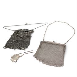 Silver mesh evening purse with long and short link strap, hallmarked import Birmingham 1913, together with an iron mesh evening purse with acorn drops, and a silver hair comb (3)