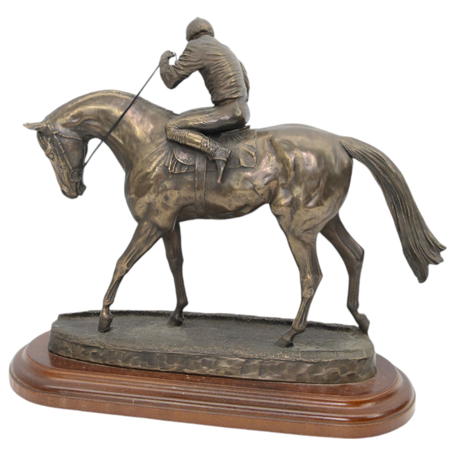 'The Weatherby's Ireland Greenlands Stakes Gr3 Winner - The Curragh 26th May 2012' - bronze resin group by Genesis Fine Art, Ireland with racehorse, jockey and lad on wooden base 34cm x 32cm and another of horse and jockey (2)