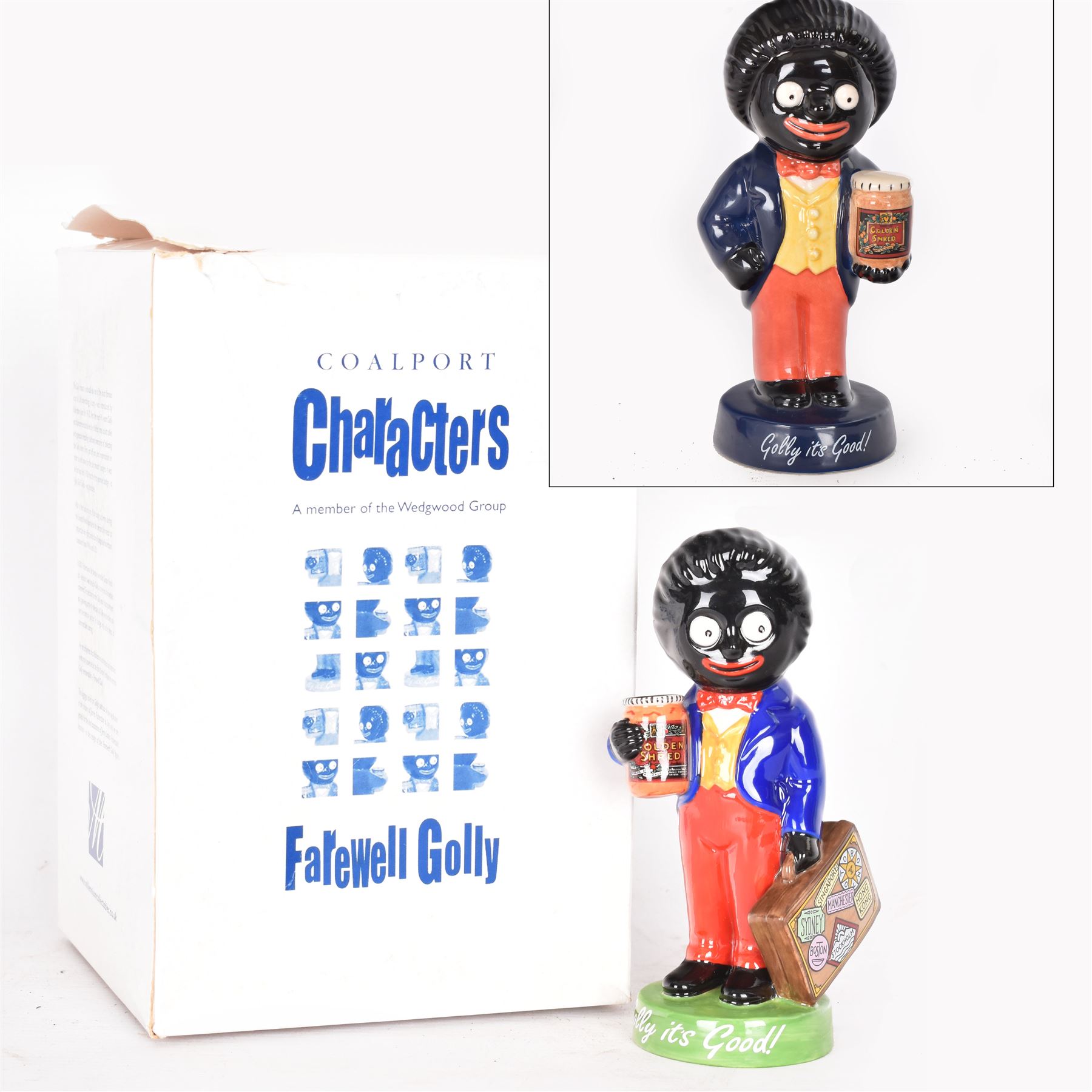 Coalport Farewell Golly figure, together with Royal Doulton Advertising Classics Golly figure, both with original box  