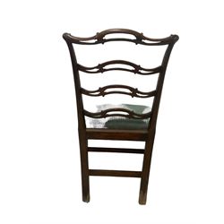 Set of twelve (10+2) Chippendale revival stained beech dining chairs, pierced waived ladder backs with over-stuffed over seats, on square moulded supports joined by stretchers