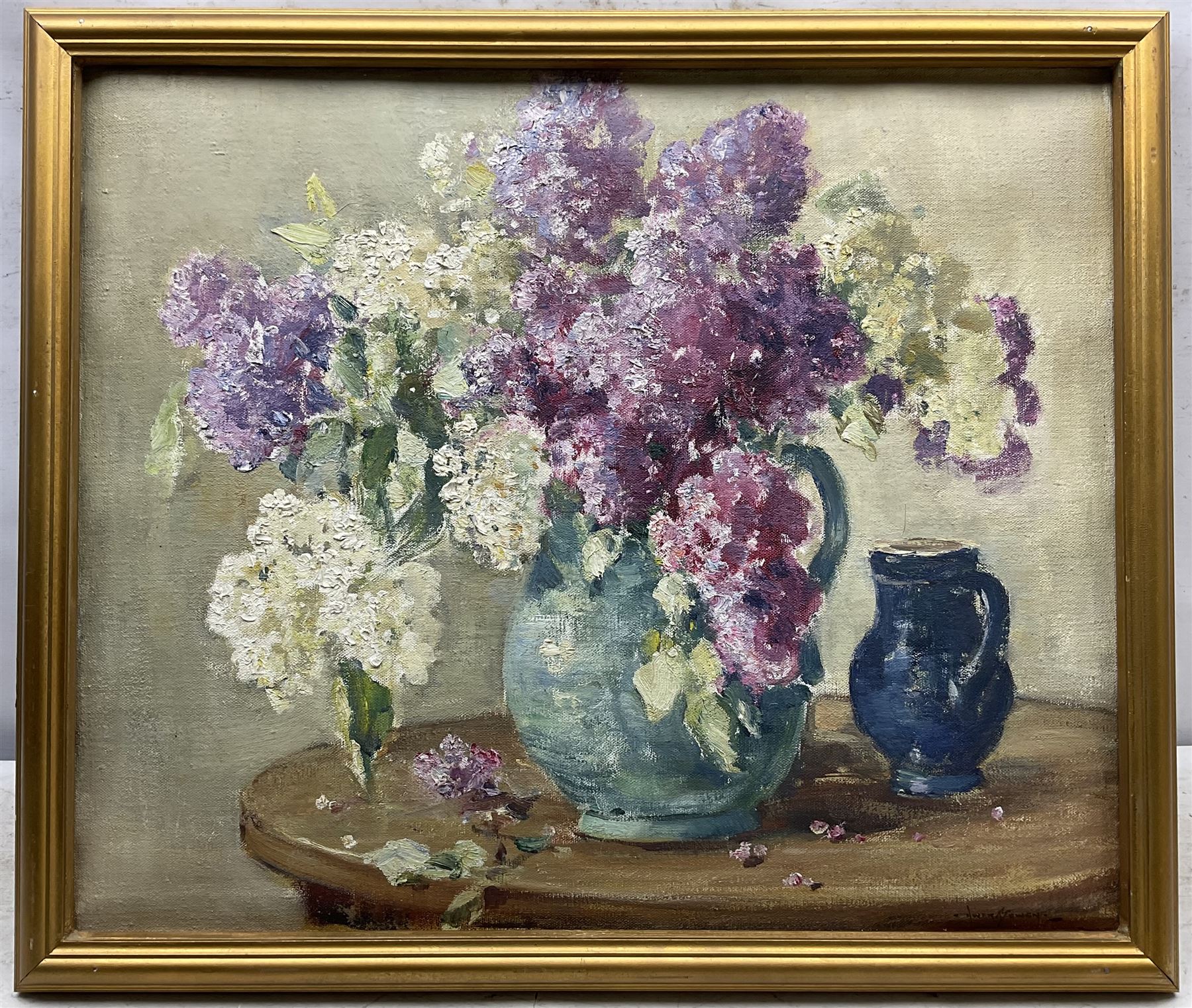 Owen Bowen (Staithes Group 1873-1967): Still Life of Purple Flowers, oil on canvas signed, with a further sketch of the River Wharfe verso 50cm x 60cm