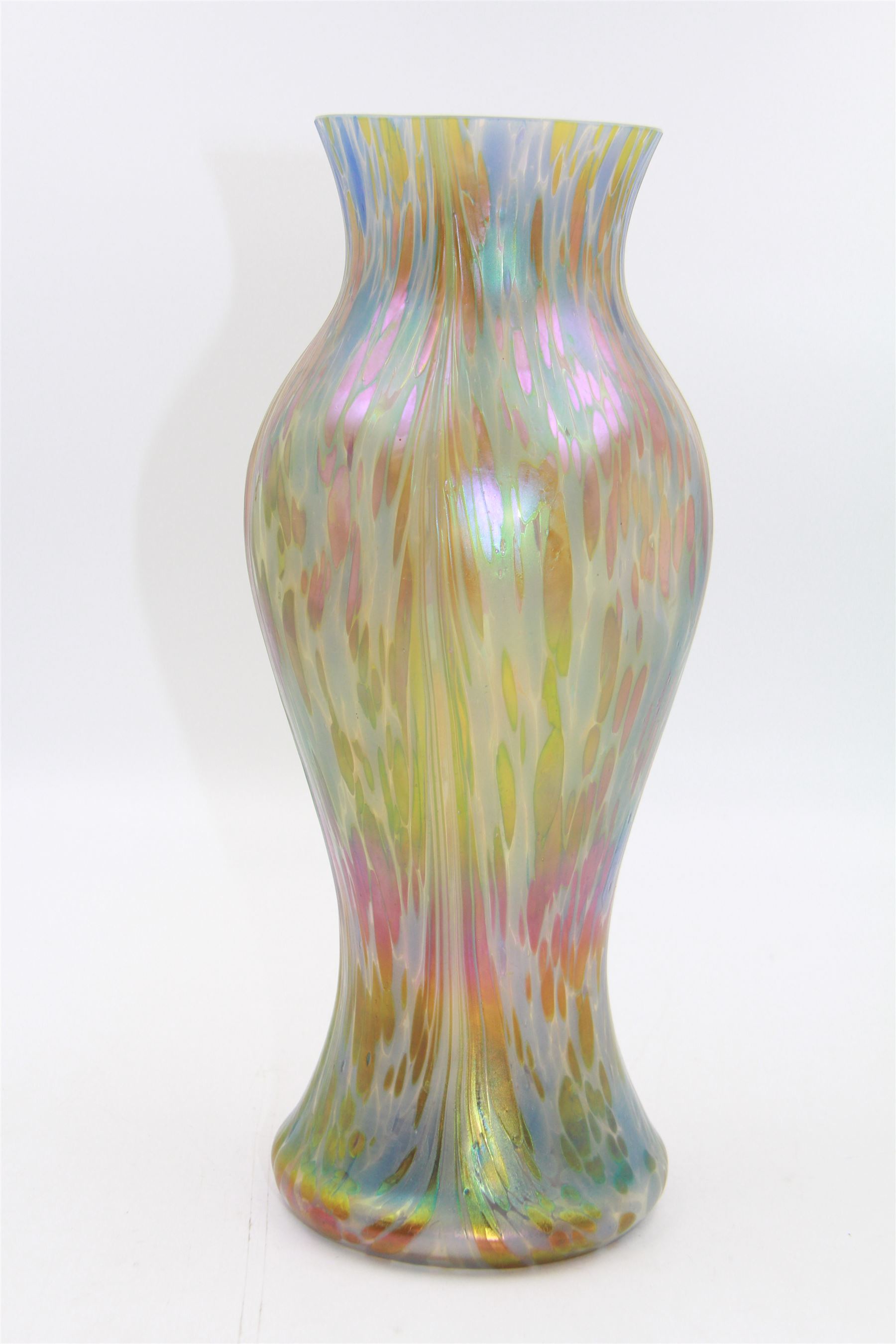 Austrian Art Nouveau iridescent glass vase, in the manner of Loetz, of baluster form with dimpled body, the pale blue glass with colourful iridescence throughout, H28cm