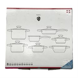 Swiss limited edition stainless steel six piece cookware set, in box with with paperwork 