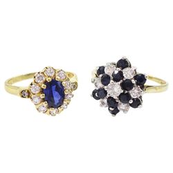 14ct gold cubic zirconia and oval cut blue paste stone cluster ring, stamped 585 and one other 9ct gold paste stone set cluster ring, hallmarked