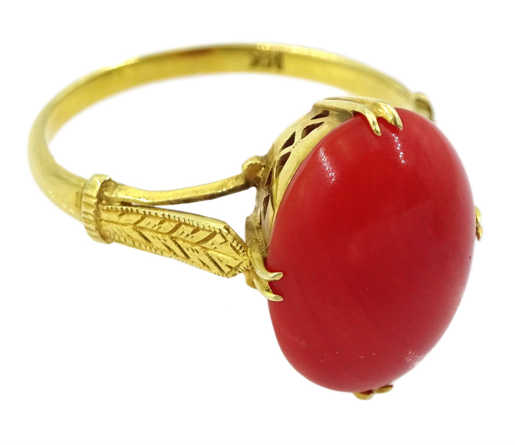 14ct gold single stone coral ring, stamped