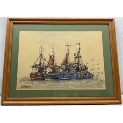 Jack Rigg (British 1927-2023): Trawlers at Rest off Scarborough, coloured pencil and ink signed and dated 2016, 36cm x 52cm