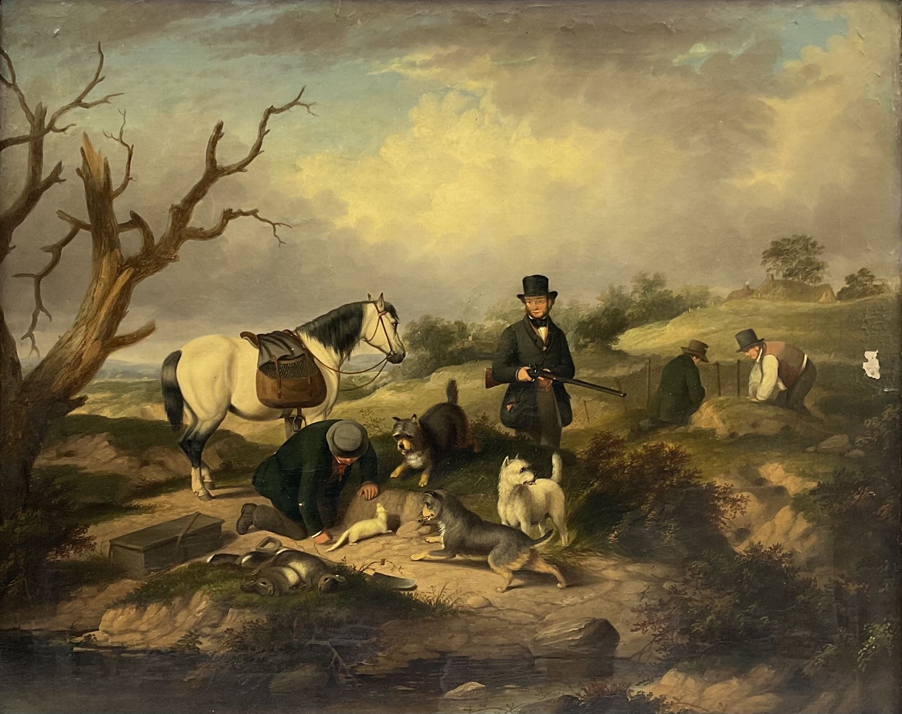 George Armfield (British 1808-1893): Catching Rabbits with Terriers and Ferrets, oil on canvas unsigned 62cm x 76cm