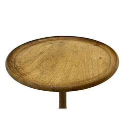 Wrenman - oak tripod wine table, circular moulded top on turned stem carved with leaves, on three shaped splayed supports, carved with wren signature, by Robert 'Bob' Hunter, Thirlby, Thirsk