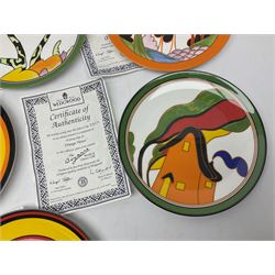 Thirteen Clarice Cliff Wedgwood limited edition plates, including Orange Roof Cottage, Summerhouse, Honolulu, Farmhouse etc, D20cm 