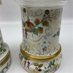 Two 19th century continental teapots and warmers, each teapot upon a cylindrical warming base, hand printed with floral sprigs, birds and insects, largest H22cm 