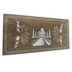 20th century Indian inlaid hardwood coffee table, rectangular top decorated with simulated ivory inlays depicting the Taj Mahal and elephants