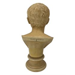 After Antonio Canova (1757 - 1822): 'Young Augustus', faux marble bust on socle plinth, with a faux marble Corinthian column pedestal, H118cm overall 