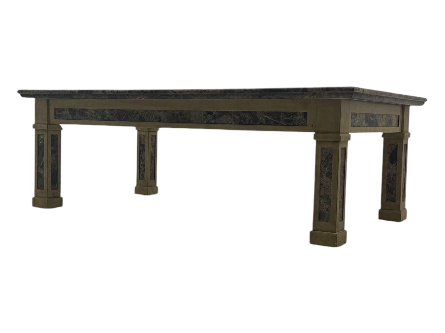 Rectangular coffee table, variegated marble top, on square supports with block feet 