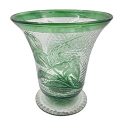 1930s Richardsons Cameo Rich vase of footed bell form, with green cut lilies over a planished effect ground below plain border, 20cm