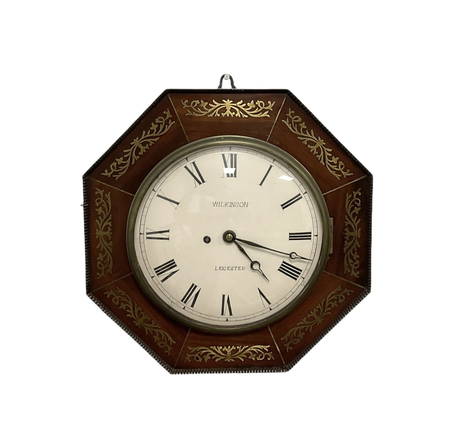 Wilkinson of Leicester - mid-19th century octagonal mahogany cased 8-day wall clock, dial surround inlaid with brass fretwork and a cast brass bezel, 10